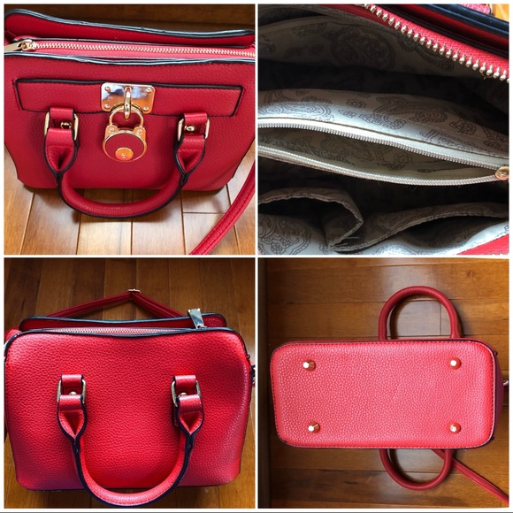 Red Vegan Leather Satchel with Handles and Strap